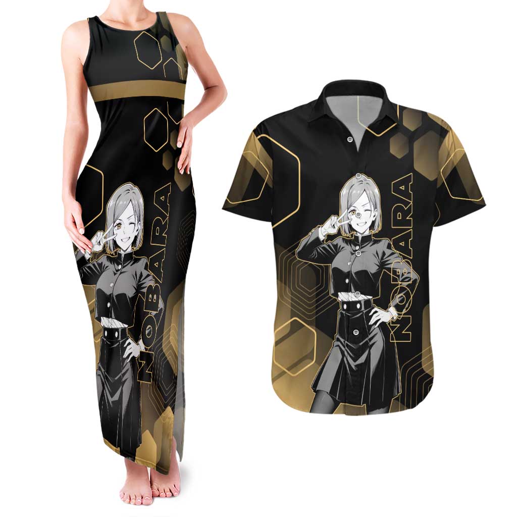 Nobara Kugisaki Jujutsu Kaisen Gold Hexagon Design Couples Matching Tank Maxi Dress and Hawaiian Shirt with Confident Expressions and Manga Style Art - The Mazicc