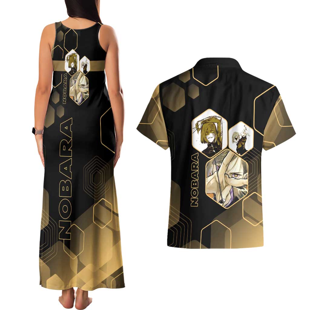 Nobara Kugisaki Jujutsu Kaisen Gold Hexagon Design Couples Matching Tank Maxi Dress and Hawaiian Shirt with Confident Expressions and Manga Style Art - The Mazicc