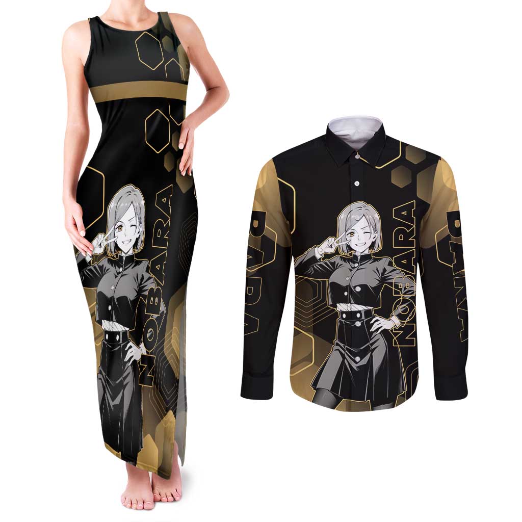 Nobara Kugisaki Jujutsu Kaisen Gold Hexagon Design Couples Matching Tank Maxi Dress and Long Sleeve Button Shirt with Confident Expressions and Manga Style Art - The Mazicc