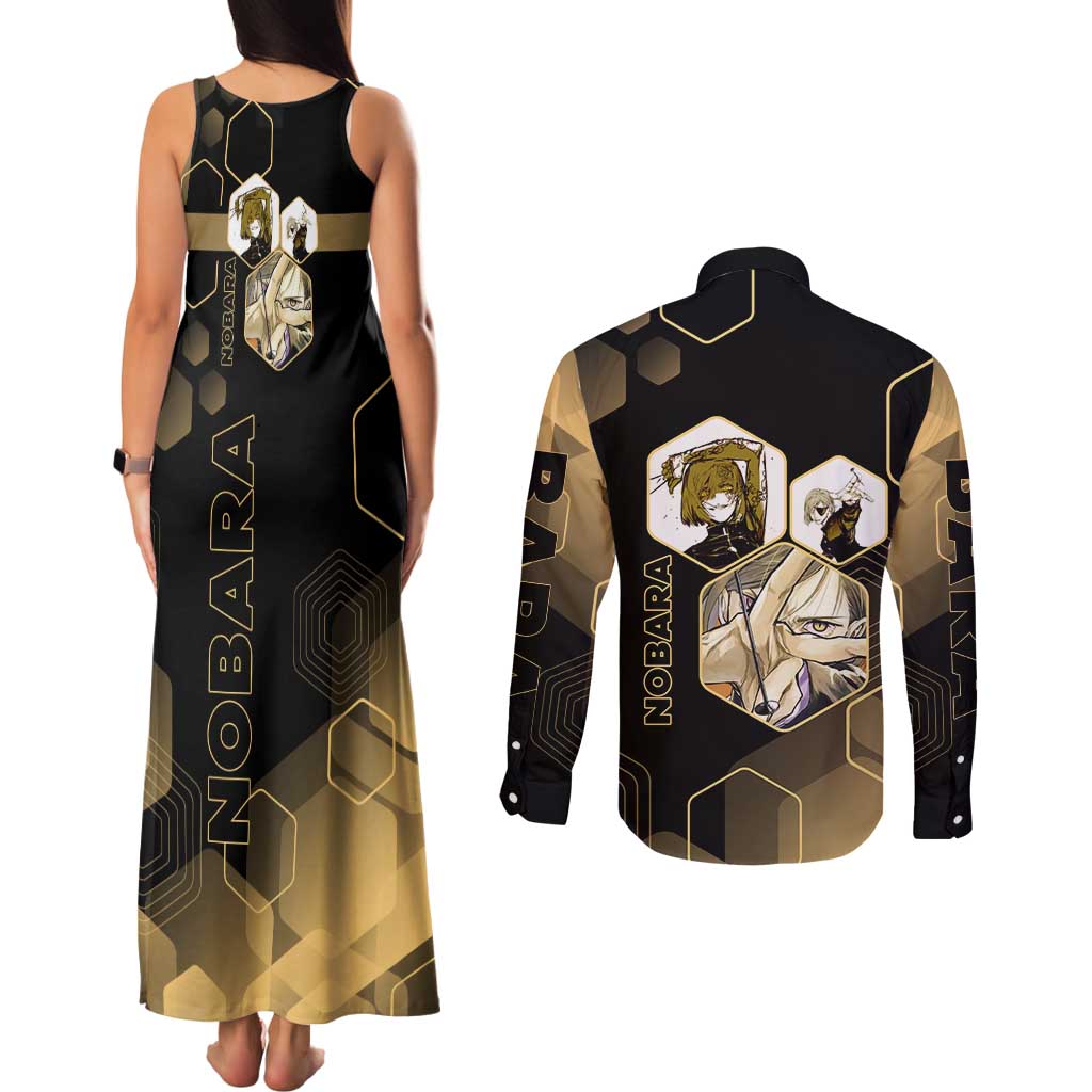 Nobara Kugisaki Jujutsu Kaisen Gold Hexagon Design Couples Matching Tank Maxi Dress and Long Sleeve Button Shirt with Confident Expressions and Manga Style Art - The Mazicc