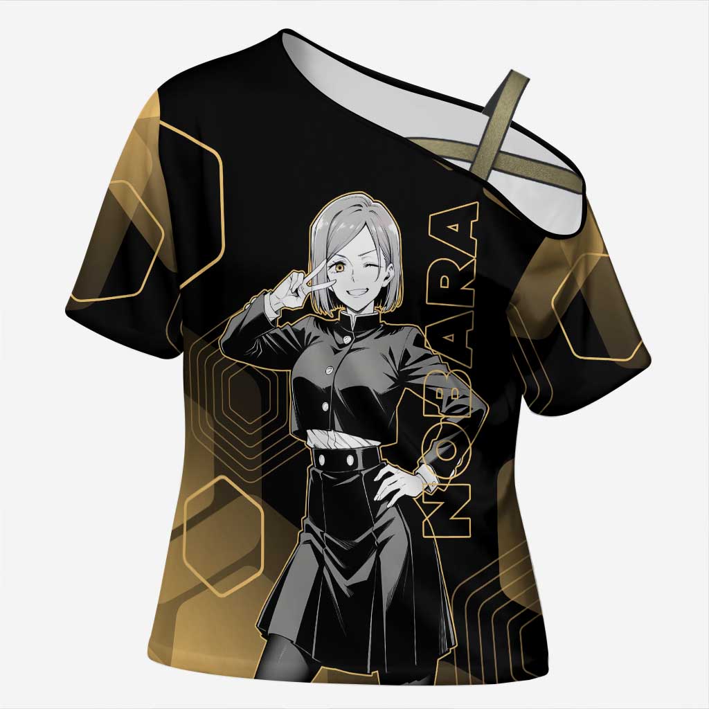 Nobara Kugisaki Jujutsu Kaisen Gold Hexagon Design Cross Shoulder Shirt with Confident Expressions and Manga Style Art - The Mazicc