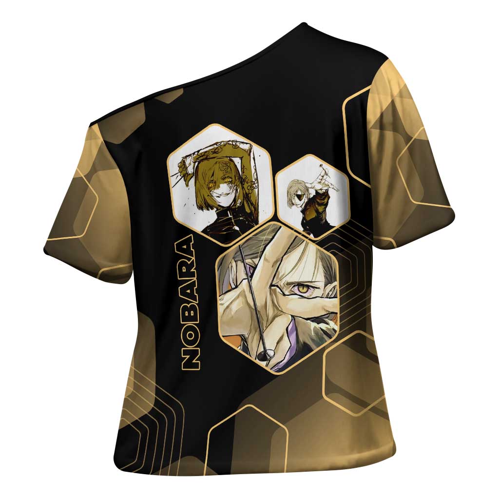 Nobara Kugisaki Jujutsu Kaisen Gold Hexagon Design Cross Shoulder Shirt with Confident Expressions and Manga Style Art - The Mazicc