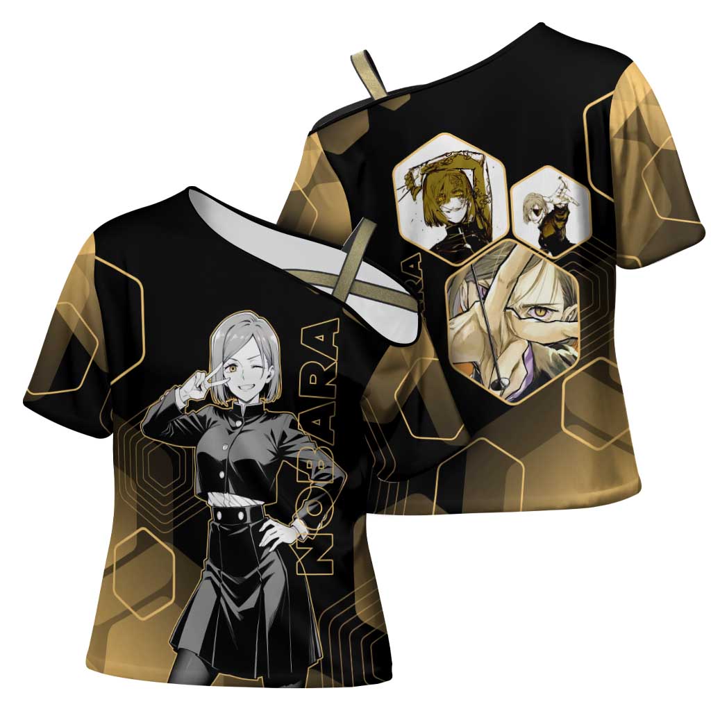 Nobara Kugisaki Jujutsu Kaisen Gold Hexagon Design Cross Shoulder Shirt with Confident Expressions and Manga Style Art - The Mazicc