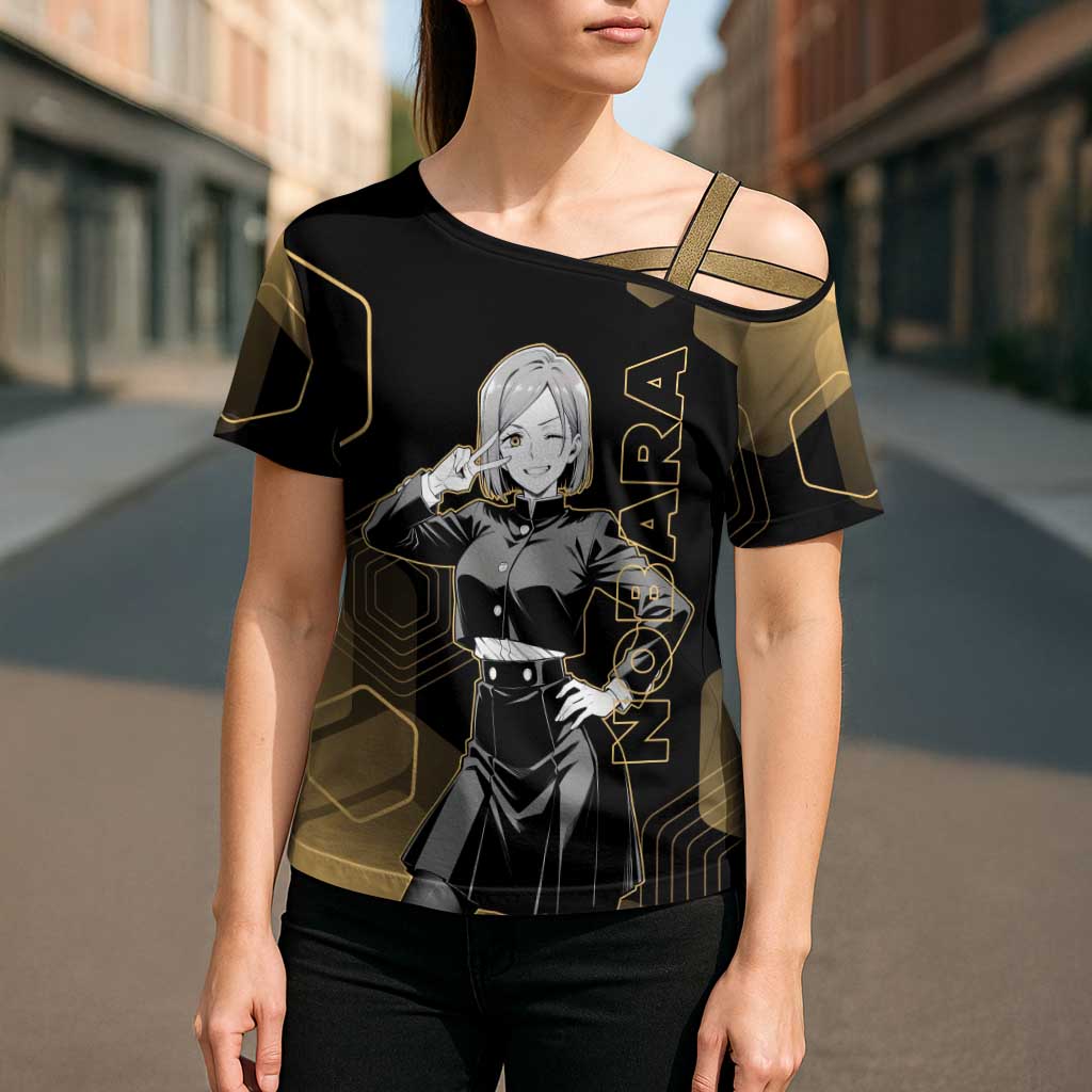 Nobara Kugisaki Jujutsu Kaisen Gold Hexagon Design Cross Shoulder Shirt with Confident Expressions and Manga Style Art - The Mazicc