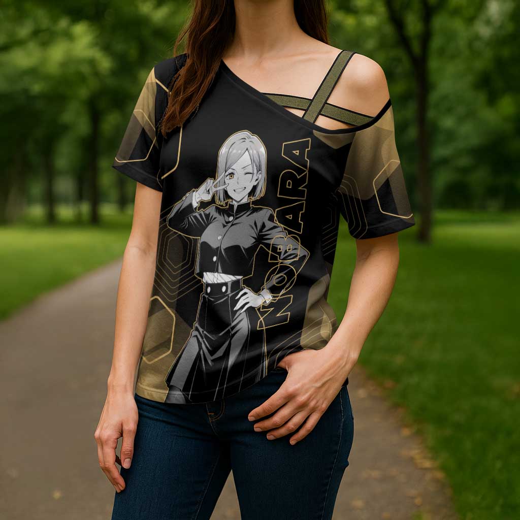 Nobara Kugisaki Jujutsu Kaisen Gold Hexagon Design Cross Shoulder Shirt with Confident Expressions and Manga Style Art - The Mazicc