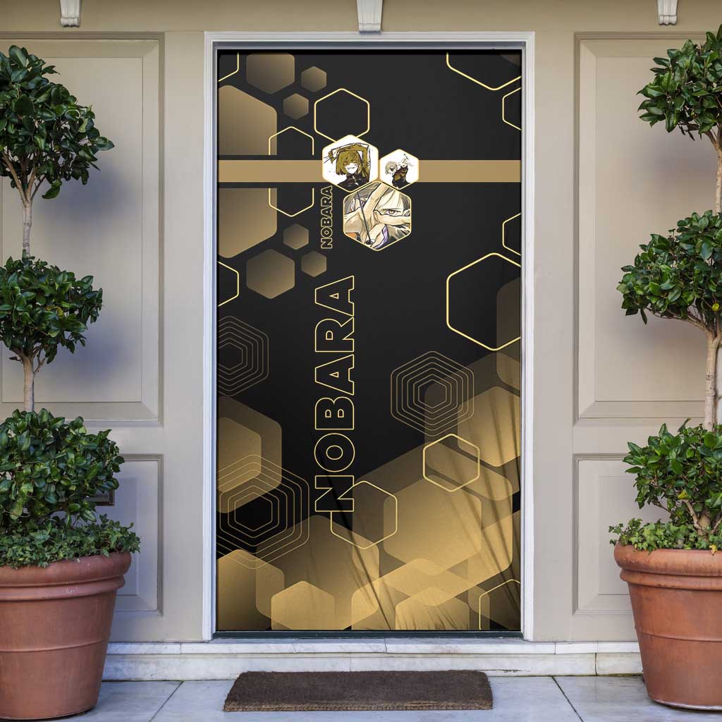 Nobara Kugisaki Jujutsu Kaisen Gold Hexagon Design Door Cover with Confident Expressions and Manga Style Art - The Mazicc