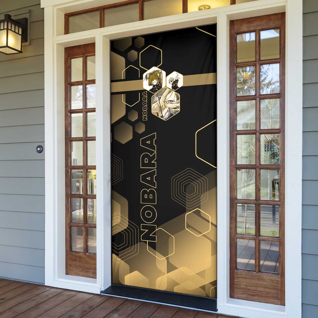 Nobara Kugisaki Jujutsu Kaisen Gold Hexagon Design Door Cover with Confident Expressions and Manga Style Art - The Mazicc
