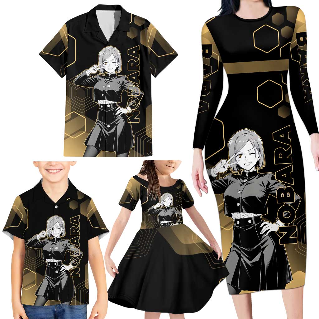 Nobara Kugisaki Jujutsu Kaisen Gold Hexagon Design Family Matching Long Sleeve Bodycon Dress and Hawaiian Shirt with Confident Expressions and Manga Style Art