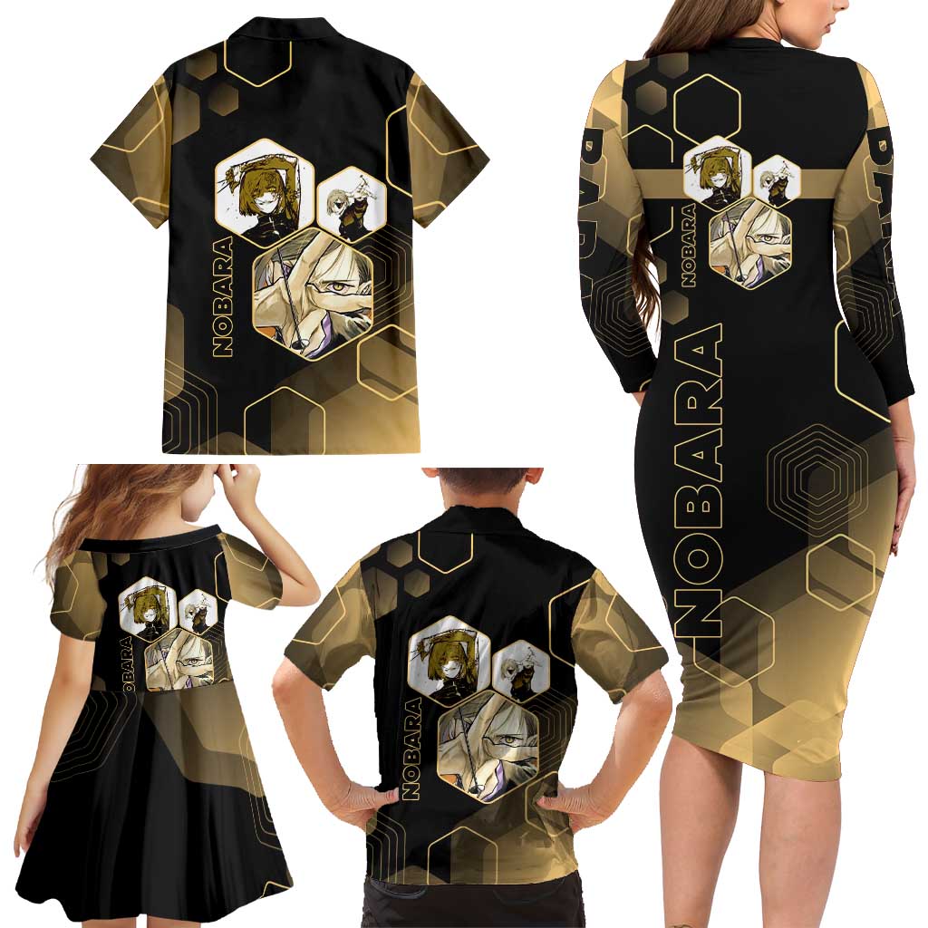 Nobara Kugisaki Jujutsu Kaisen Gold Hexagon Design Family Matching Long Sleeve Bodycon Dress and Hawaiian Shirt with Confident Expressions and Manga Style Art