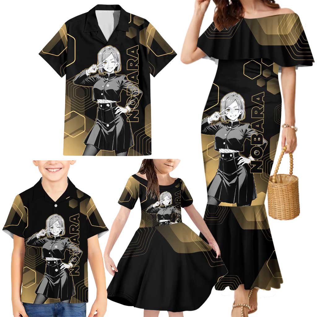 Nobara Kugisaki Jujutsu Kaisen Gold Hexagon Design Family Matching Mermaid Dress and Hawaiian Shirt with Confident Expressions and Manga Style Art
