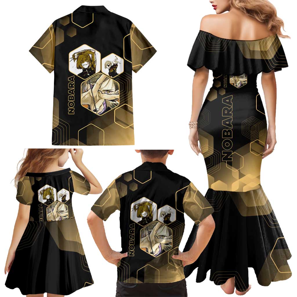 Nobara Kugisaki Jujutsu Kaisen Gold Hexagon Design Family Matching Mermaid Dress and Hawaiian Shirt with Confident Expressions and Manga Style Art