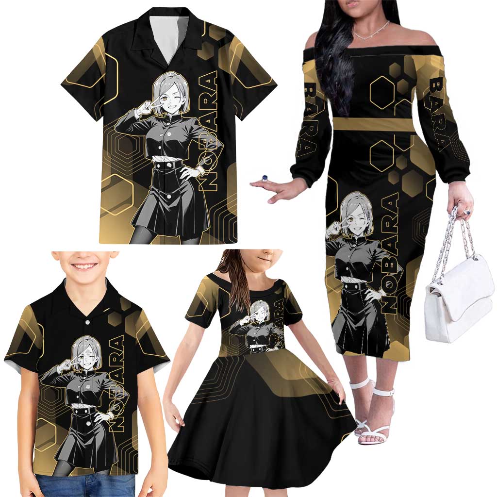 Nobara Kugisaki Jujutsu Kaisen Gold Hexagon Design Family Matching Off The Shoulder Long Sleeve Dress and Hawaiian Shirt with Confident Expressions and Manga Style Art