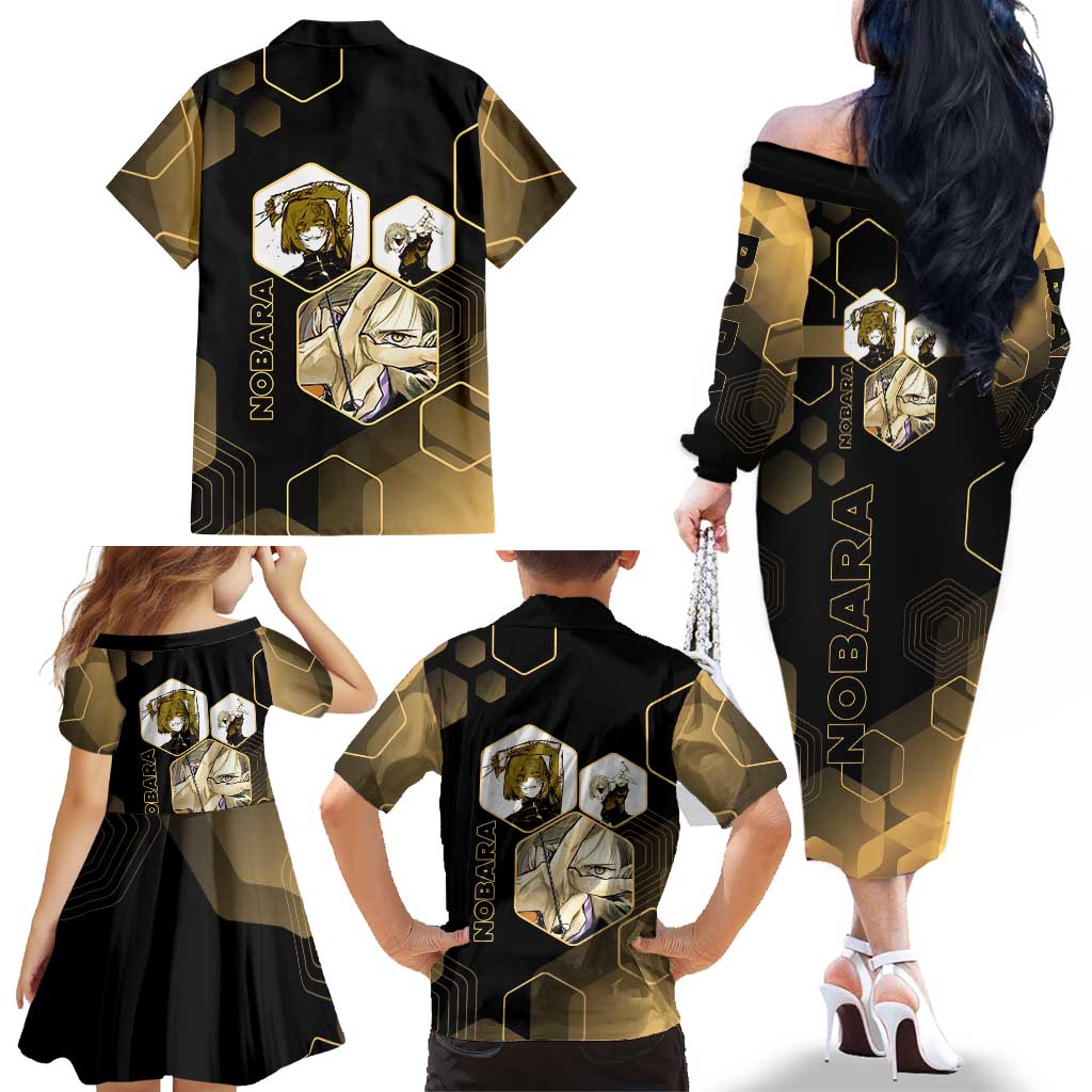 Nobara Kugisaki Jujutsu Kaisen Gold Hexagon Design Family Matching Off The Shoulder Long Sleeve Dress and Hawaiian Shirt with Confident Expressions and Manga Style Art
