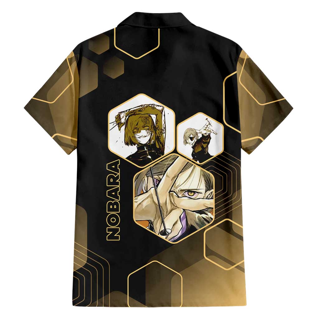 Nobara Kugisaki Jujutsu Kaisen Gold Hexagon Design Family Matching Off The Shoulder Long Sleeve Dress and Hawaiian Shirt with Confident Expressions and Manga Style Art