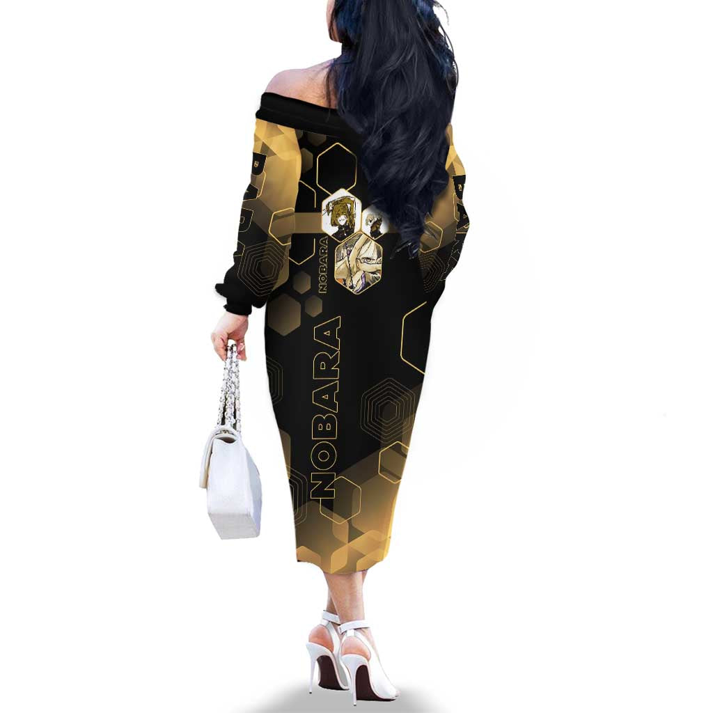 Nobara Kugisaki Jujutsu Kaisen Gold Hexagon Design Family Matching Off The Shoulder Long Sleeve Dress and Hawaiian Shirt with Confident Expressions and Manga Style Art