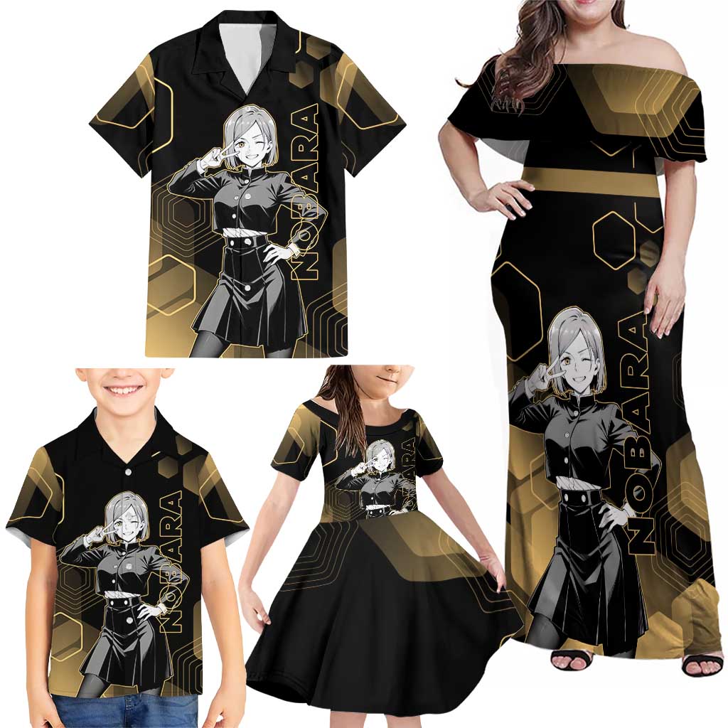 Nobara Kugisaki Jujutsu Kaisen Gold Hexagon Design Family Matching Off Shoulder Maxi Dress and Hawaiian Shirt with Confident Expressions and Manga Style Art