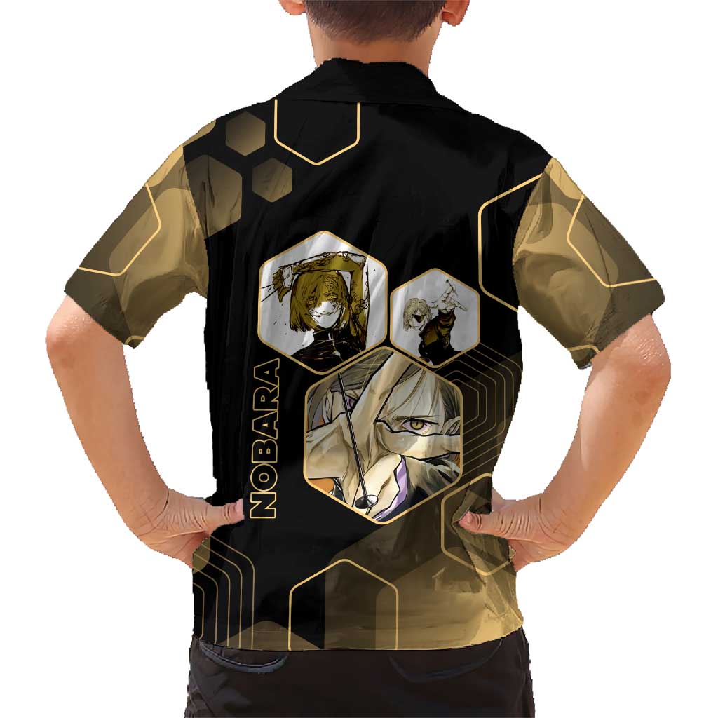 Nobara Kugisaki Jujutsu Kaisen Gold Hexagon Design Family Matching Off Shoulder Maxi Dress and Hawaiian Shirt with Confident Expressions and Manga Style Art