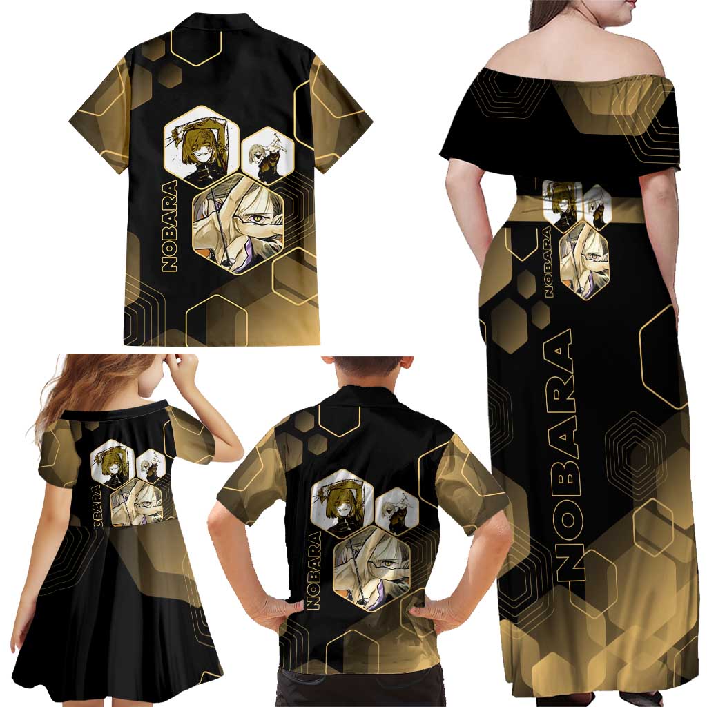 Nobara Kugisaki Jujutsu Kaisen Gold Hexagon Design Family Matching Off Shoulder Maxi Dress and Hawaiian Shirt with Confident Expressions and Manga Style Art