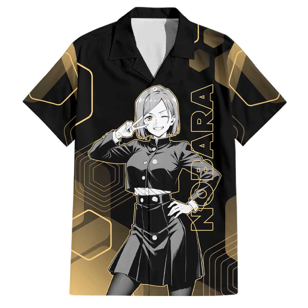 Nobara Kugisaki Jujutsu Kaisen Gold Hexagon Design Family Matching Off Shoulder Maxi Dress and Hawaiian Shirt with Confident Expressions and Manga Style Art