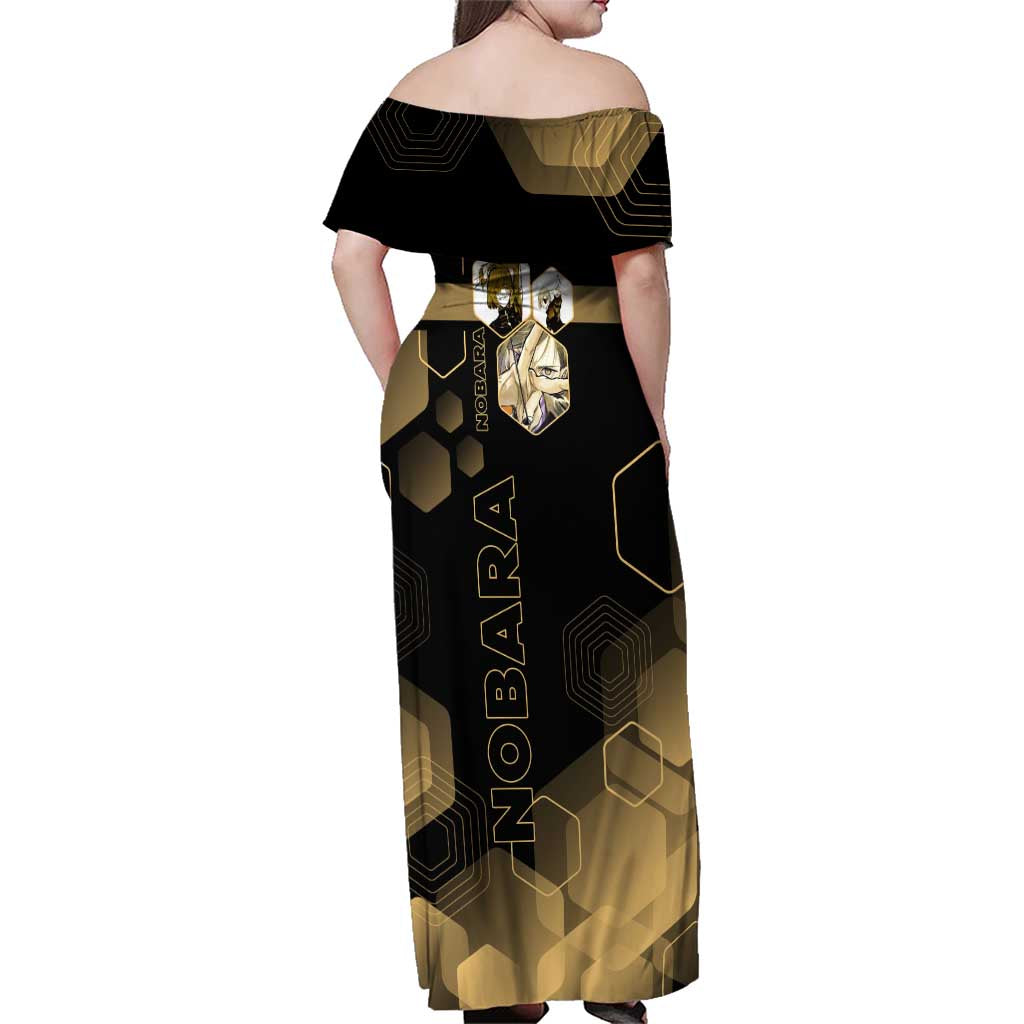 Nobara Kugisaki Jujutsu Kaisen Gold Hexagon Design Family Matching Off Shoulder Maxi Dress and Hawaiian Shirt with Confident Expressions and Manga Style Art