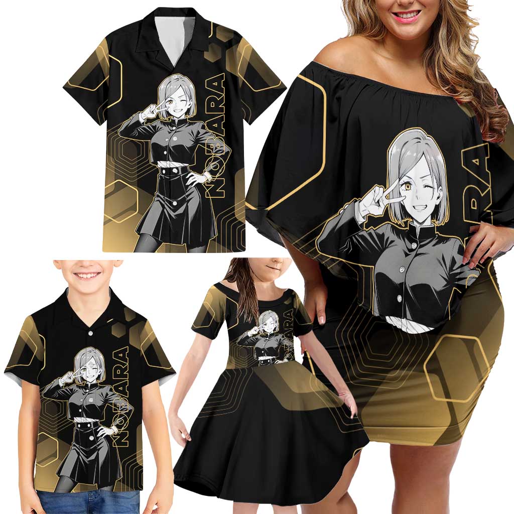 Nobara Kugisaki Jujutsu Kaisen Gold Hexagon Design Family Matching Off Shoulder Short Dress and Hawaiian Shirt with Confident Expressions and Manga Style Art