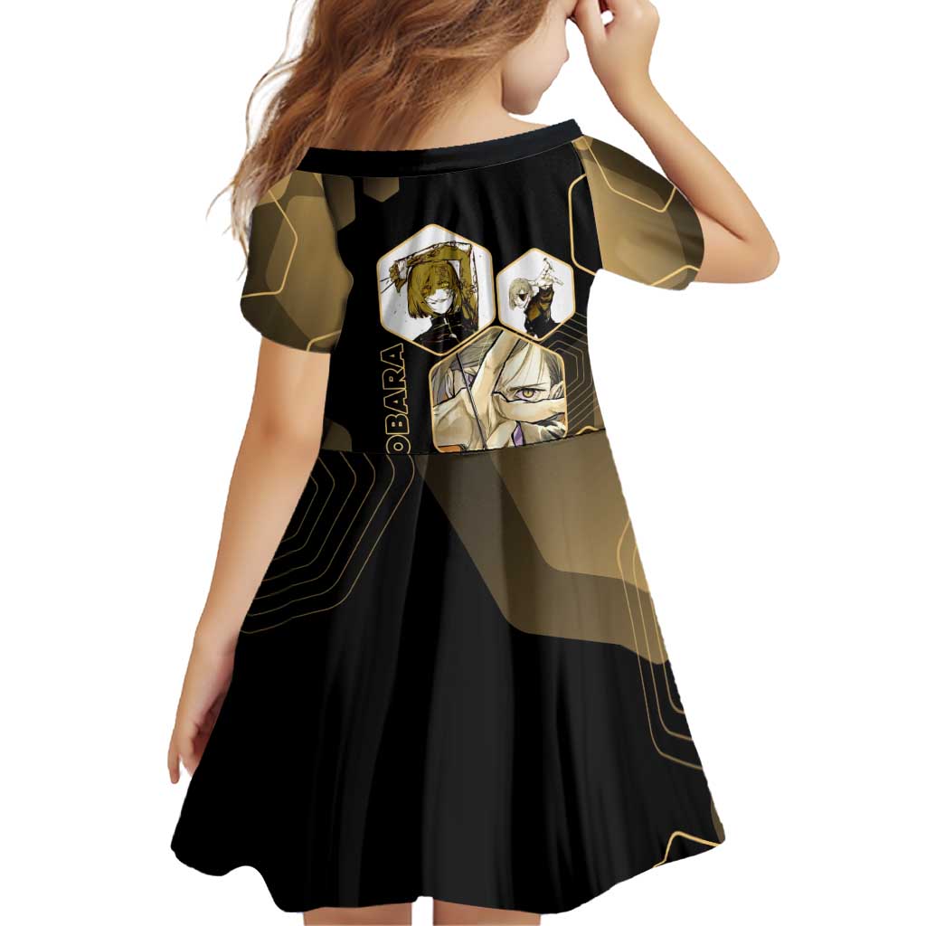 Nobara Kugisaki Jujutsu Kaisen Gold Hexagon Design Family Matching Off Shoulder Short Dress and Hawaiian Shirt with Confident Expressions and Manga Style Art