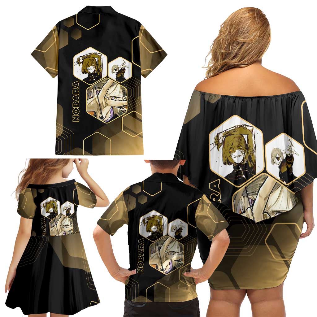 Nobara Kugisaki Jujutsu Kaisen Gold Hexagon Design Family Matching Off Shoulder Short Dress and Hawaiian Shirt with Confident Expressions and Manga Style Art