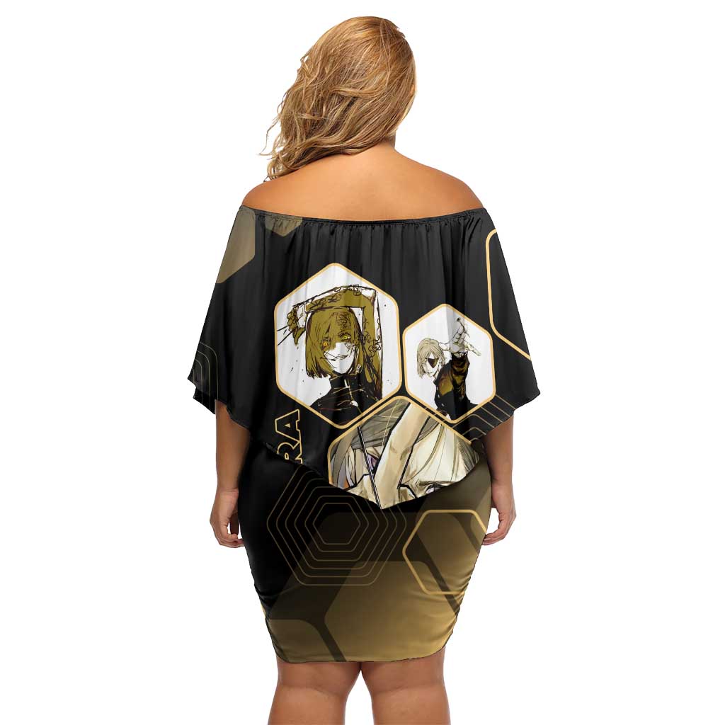 Nobara Kugisaki Jujutsu Kaisen Gold Hexagon Design Family Matching Off Shoulder Short Dress and Hawaiian Shirt with Confident Expressions and Manga Style Art