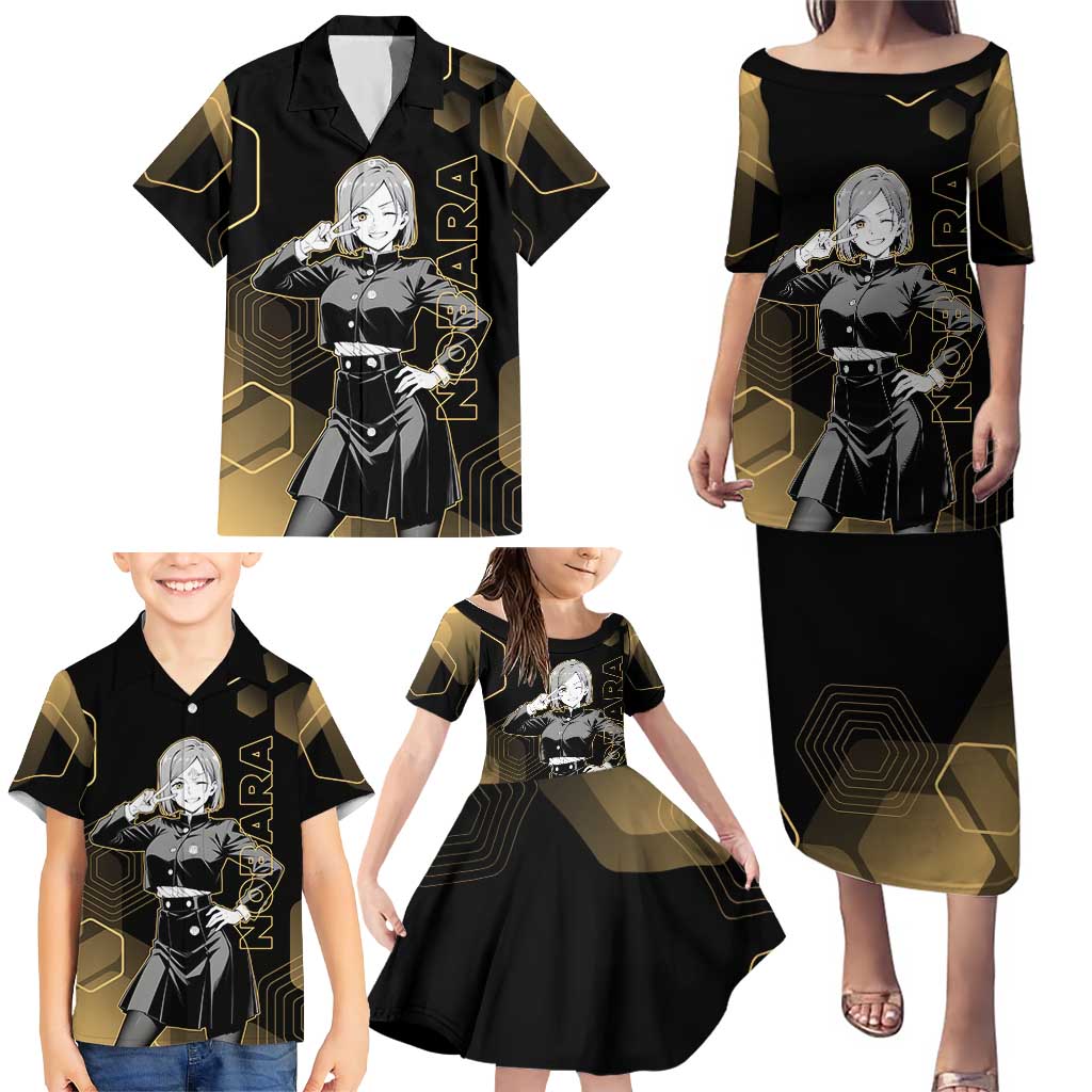 Nobara Kugisaki Jujutsu Kaisen Gold Hexagon Design Family Matching Puletasi and Hawaiian Shirt with Confident Expressions and Manga Style Art