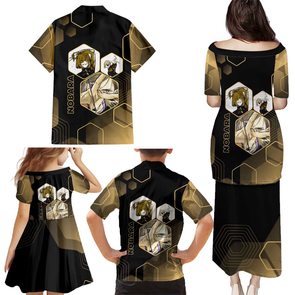 Nobara Kugisaki Jujutsu Kaisen Gold Hexagon Design Family Matching Puletasi and Hawaiian Shirt with Confident Expressions and Manga Style Art