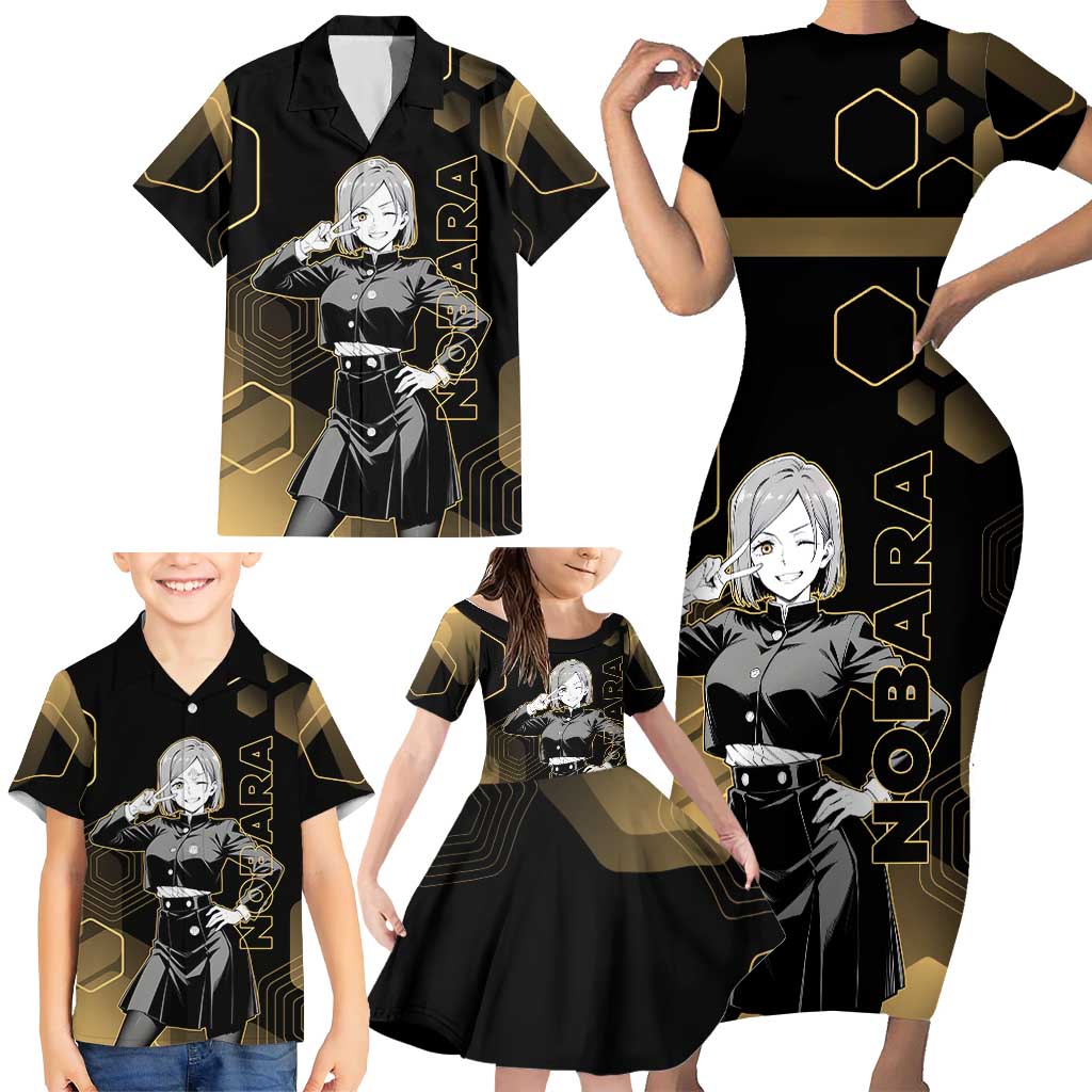 Nobara Kugisaki Jujutsu Kaisen Gold Hexagon Design Family Matching Short Sleeve Bodycon Dress and Hawaiian Shirt with Confident Expressions and Manga Style Art