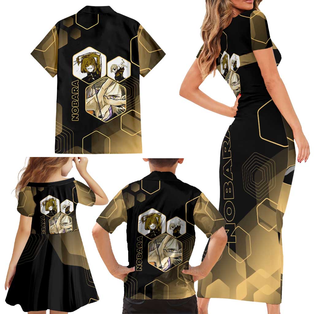 Nobara Kugisaki Jujutsu Kaisen Gold Hexagon Design Family Matching Short Sleeve Bodycon Dress and Hawaiian Shirt with Confident Expressions and Manga Style Art