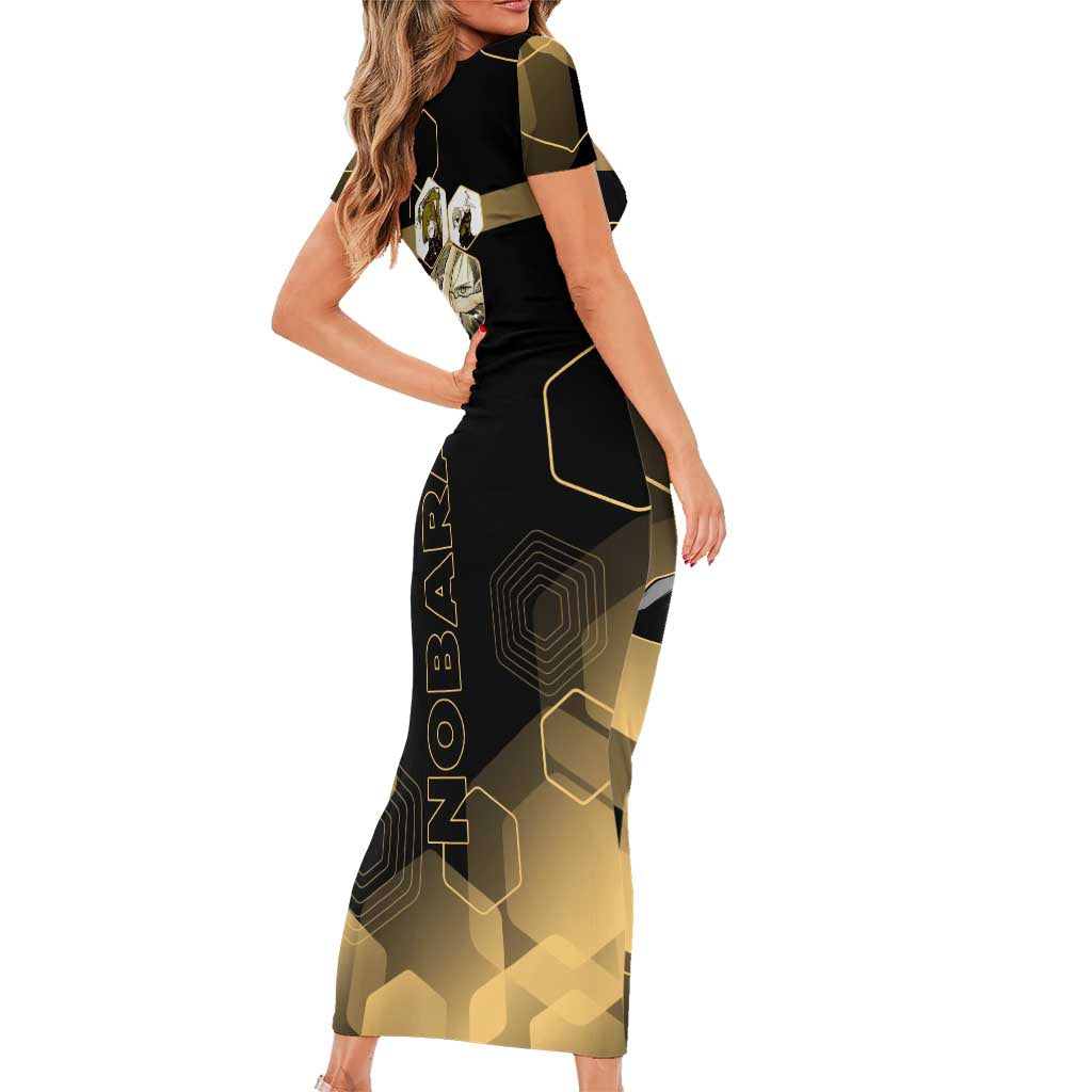 Nobara Kugisaki Jujutsu Kaisen Gold Hexagon Design Family Matching Short Sleeve Bodycon Dress and Hawaiian Shirt with Confident Expressions and Manga Style Art