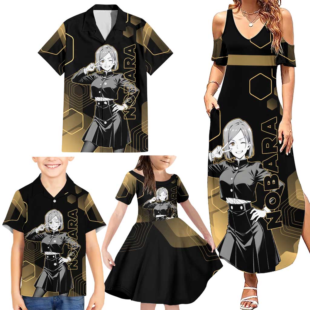Nobara Kugisaki Jujutsu Kaisen Gold Hexagon Design Family Matching Summer Maxi Dress and Hawaiian Shirt with Confident Expressions and Manga Style Art