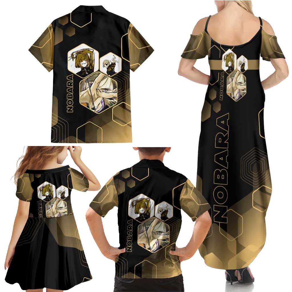 Nobara Kugisaki Jujutsu Kaisen Gold Hexagon Design Family Matching Summer Maxi Dress and Hawaiian Shirt with Confident Expressions and Manga Style Art