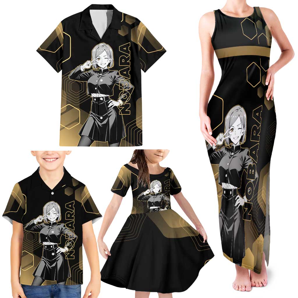 Nobara Kugisaki Jujutsu Kaisen Gold Hexagon Design Family Matching Tank Maxi Dress and Hawaiian Shirt with Confident Expressions and Manga Style Art
