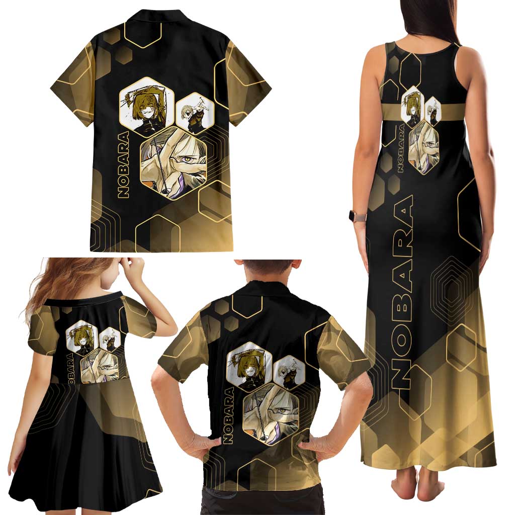Nobara Kugisaki Jujutsu Kaisen Gold Hexagon Design Family Matching Tank Maxi Dress and Hawaiian Shirt with Confident Expressions and Manga Style Art