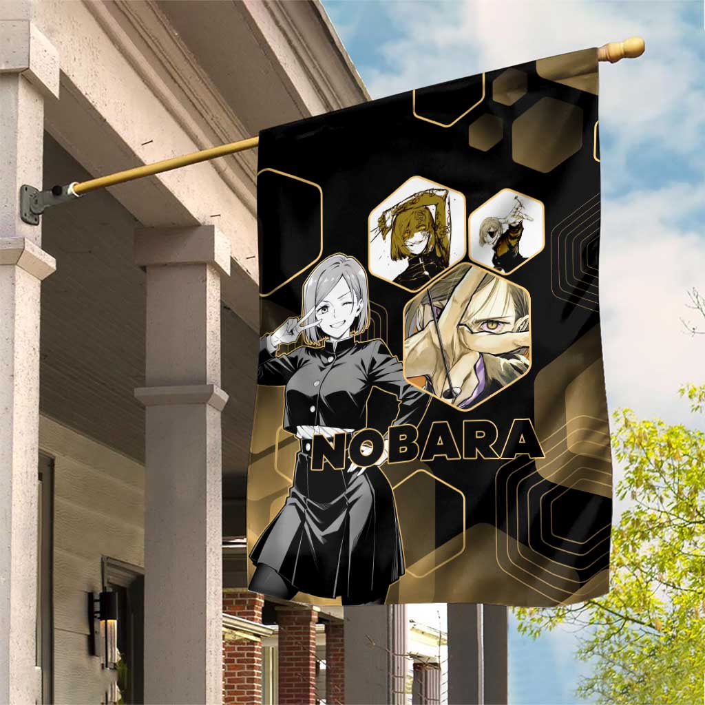 Nobara Kugisaki Jujutsu Kaisen Gold Hexagon Design Garden Flag with Confident Expressions and Manga Style Art - The Mazicc