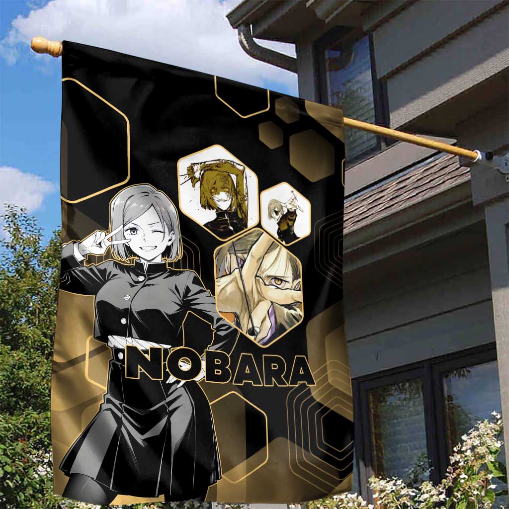 Nobara Kugisaki Jujutsu Kaisen Gold Hexagon Design Garden Flag with Confident Expressions and Manga Style Art - The Mazicc