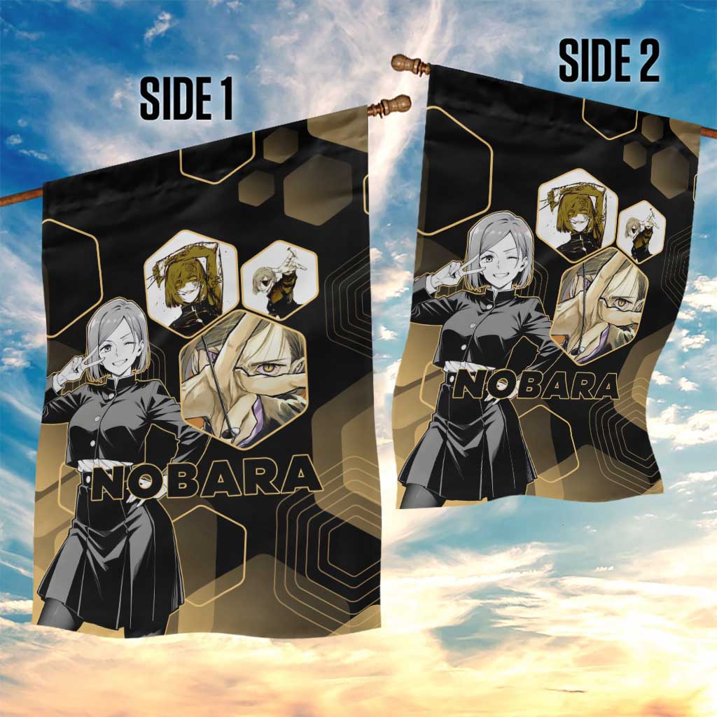 Nobara Kugisaki Jujutsu Kaisen Gold Hexagon Design Garden Flag with Confident Expressions and Manga Style Art - The Mazicc