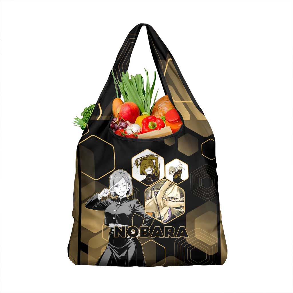 Nobara Kugisaki Jujutsu Kaisen Gold Hexagon Design Grocery Bag with Confident Expressions and Manga Style Art - The Mazicc