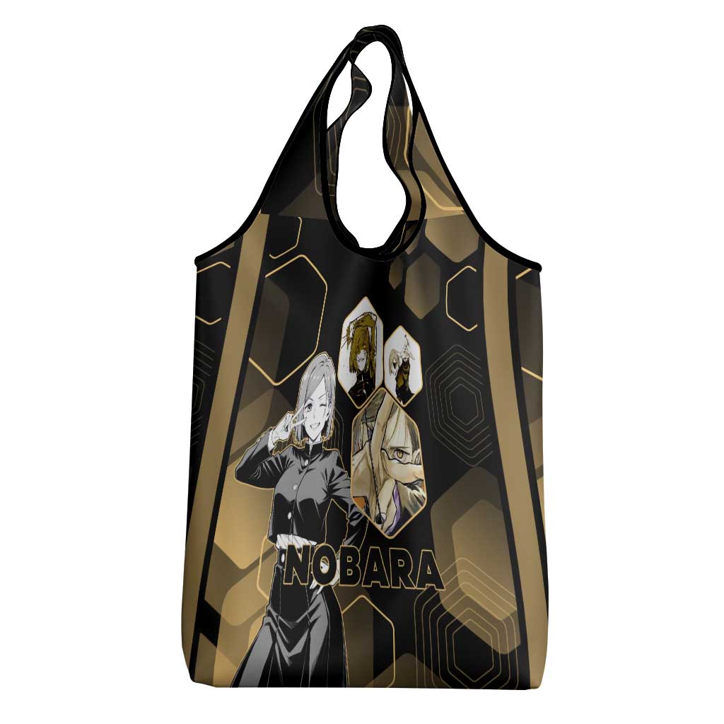Nobara Kugisaki Jujutsu Kaisen Gold Hexagon Design Grocery Bag with Confident Expressions and Manga Style Art - The Mazicc