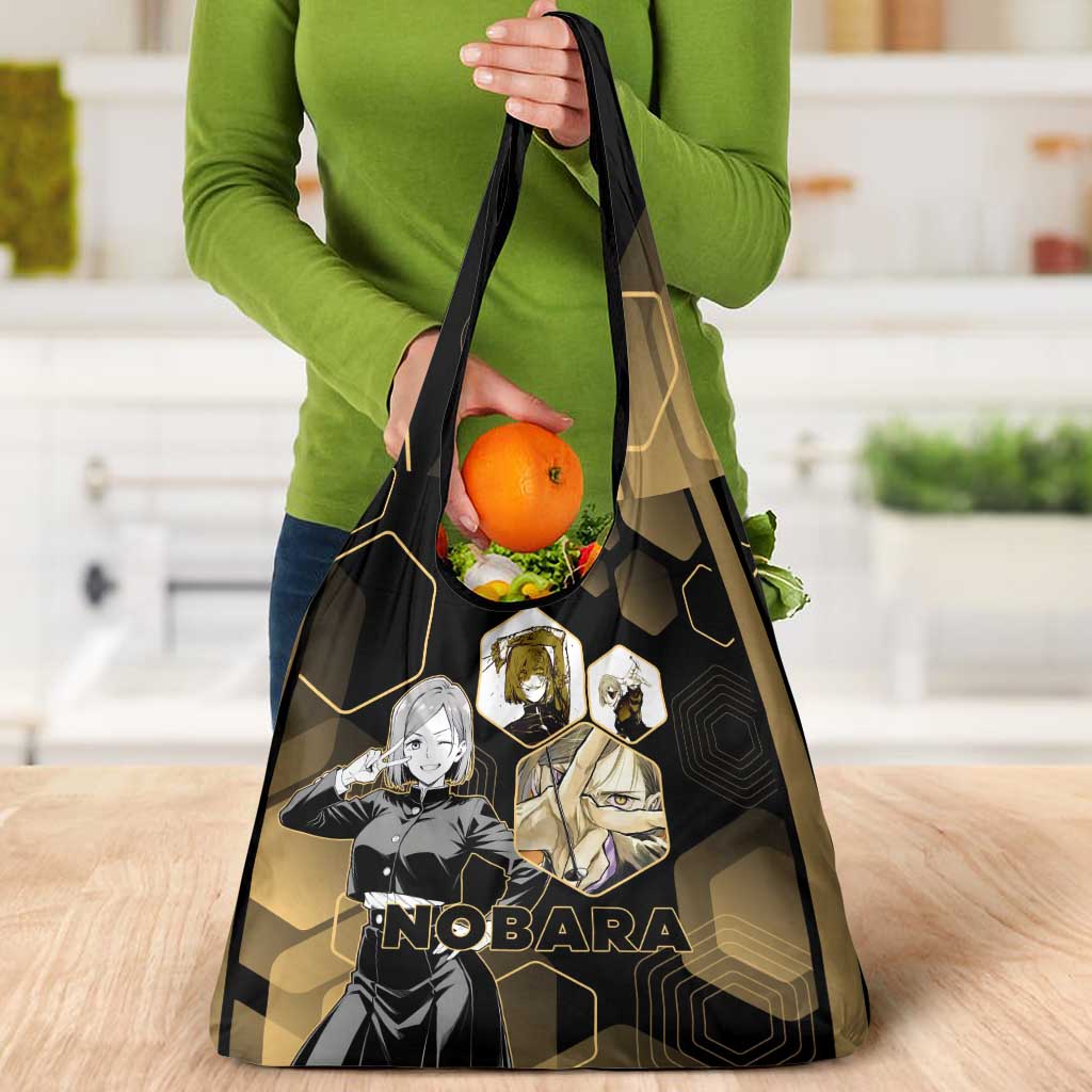 Nobara Kugisaki Jujutsu Kaisen Gold Hexagon Design Grocery Bag with Confident Expressions and Manga Style Art - The Mazicc