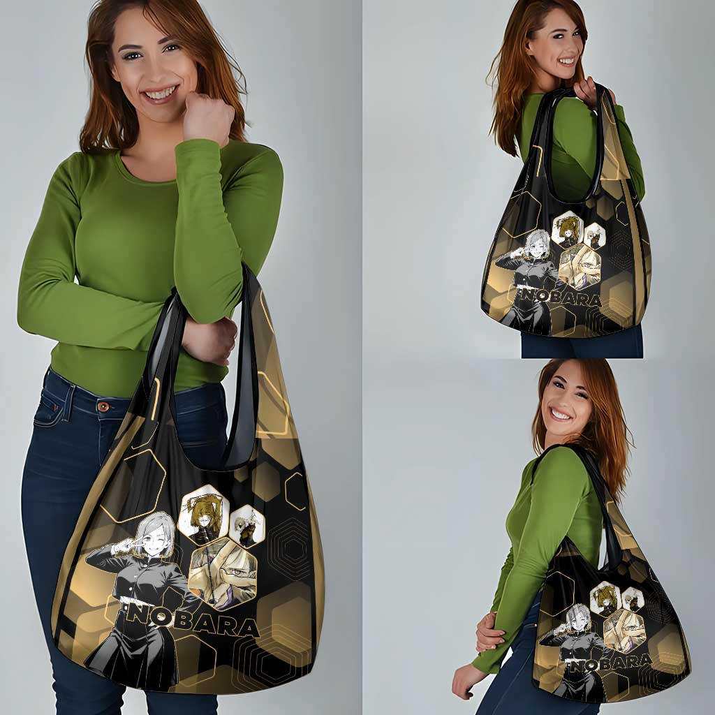 Nobara Kugisaki Jujutsu Kaisen Gold Hexagon Design Grocery Bag with Confident Expressions and Manga Style Art - The Mazicc