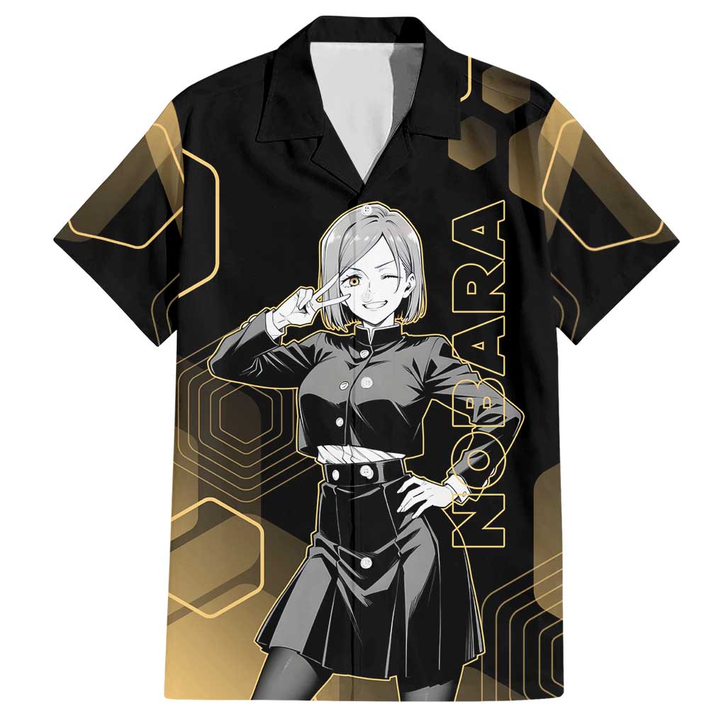 Nobara Kugisaki Jujutsu Kaisen Gold Hexagon Design Hawaiian Shirt with Confident Expressions and Manga Style Art - The Mazicc