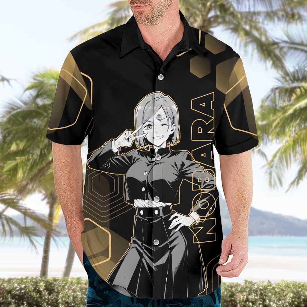 Nobara Kugisaki Jujutsu Kaisen Gold Hexagon Design Hawaiian Shirt with Confident Expressions and Manga Style Art - The Mazicc