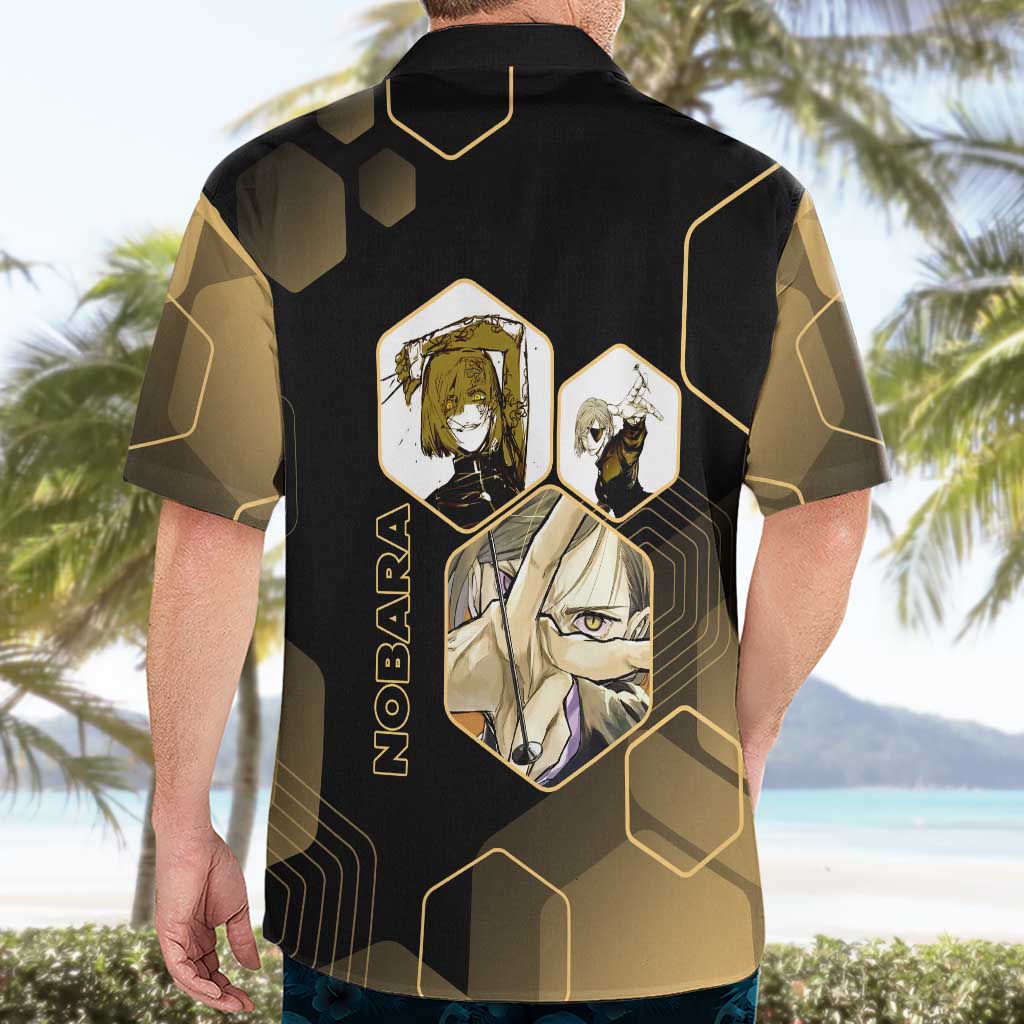 Nobara Kugisaki Jujutsu Kaisen Gold Hexagon Design Hawaiian Shirt with Confident Expressions and Manga Style Art - The Mazicc