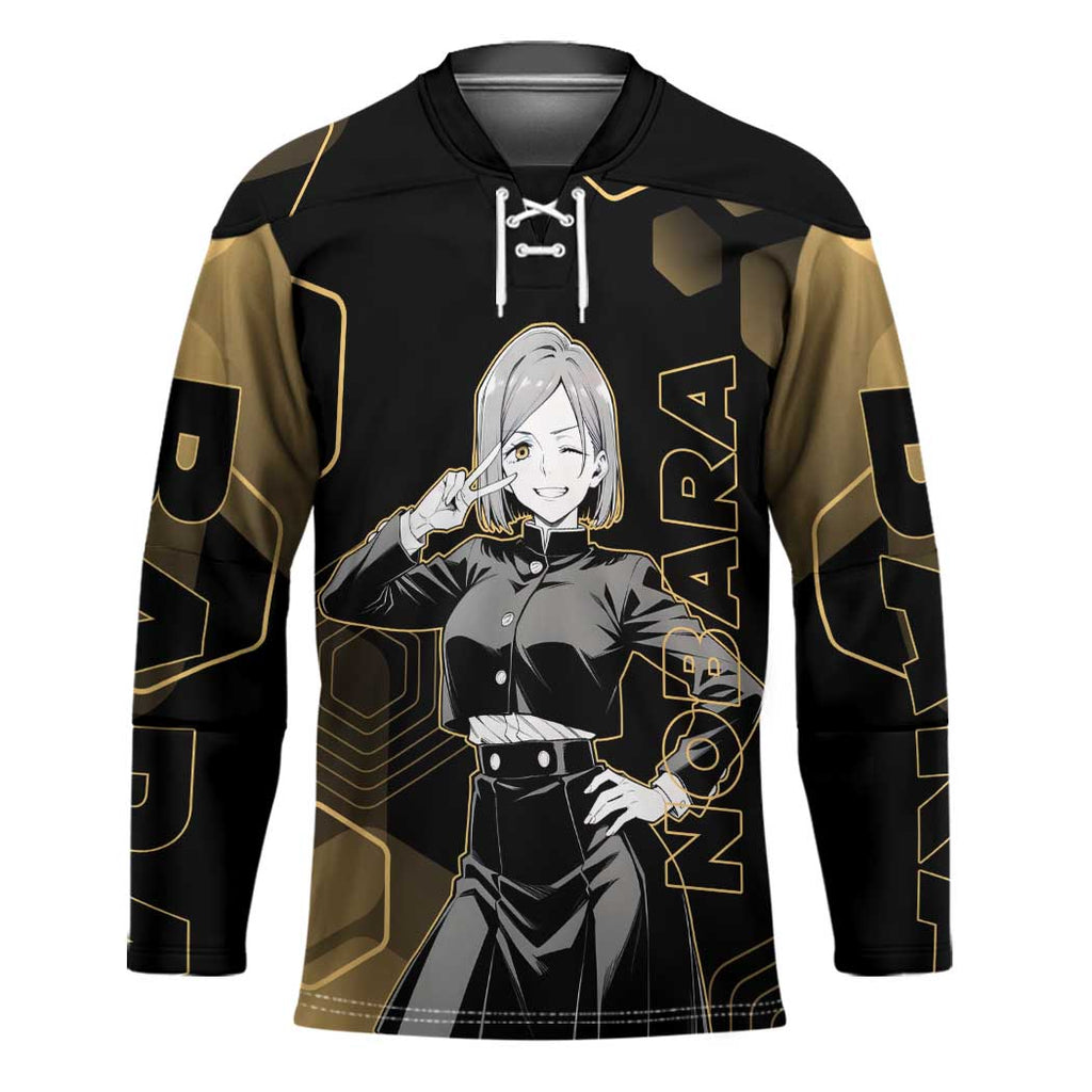 Nobara Kugisaki Jujutsu Kaisen Gold Hexagon Design Hockey Jersey with Confident Expressions and Manga Style Art - The Mazicc
