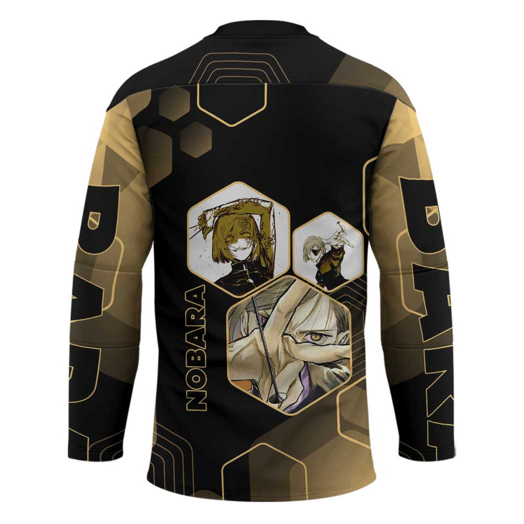 Nobara Kugisaki Jujutsu Kaisen Gold Hexagon Design Hockey Jersey with Confident Expressions and Manga Style Art - The Mazicc