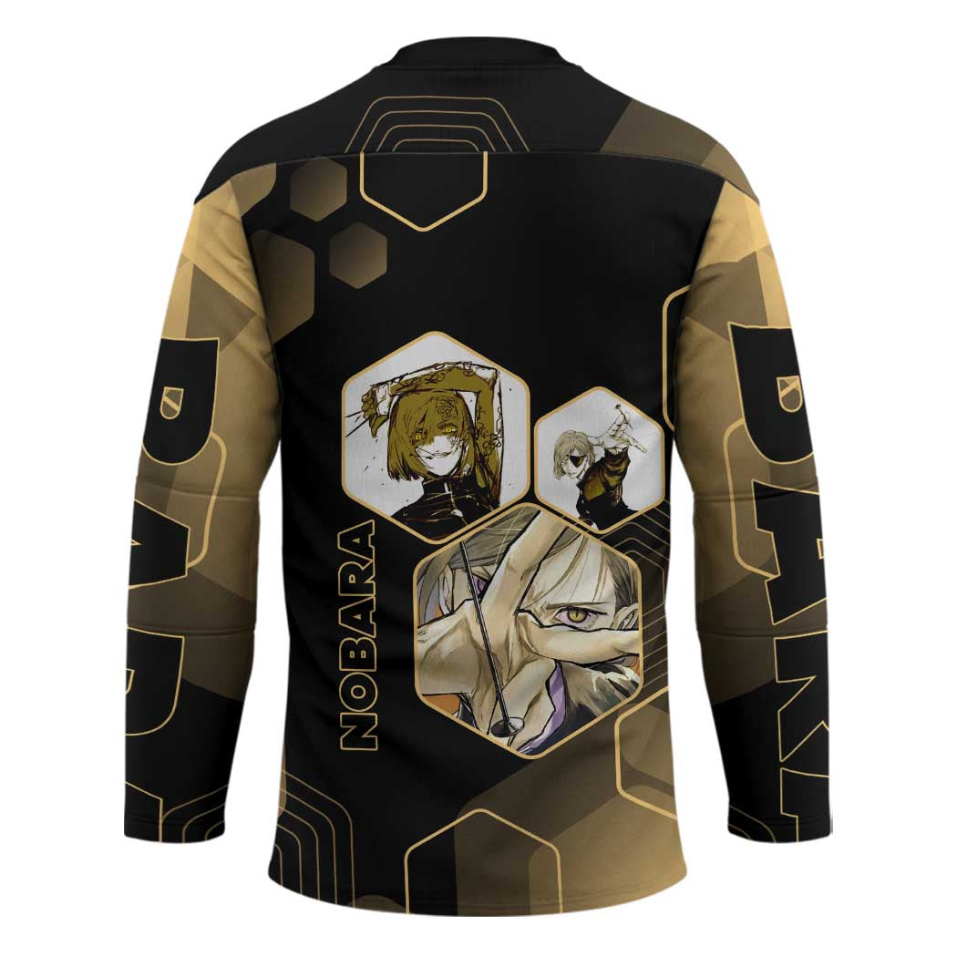 Nobara Kugisaki Jujutsu Kaisen Gold Hexagon Design Hockey Jersey with Confident Expressions and Manga Style Art - The Mazicc